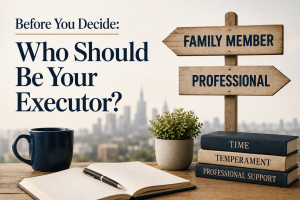 Before You Decide: Who Should Be Your Executor? Signposts indicate family member and professional, beside books labelled time, temperament, and professional support.